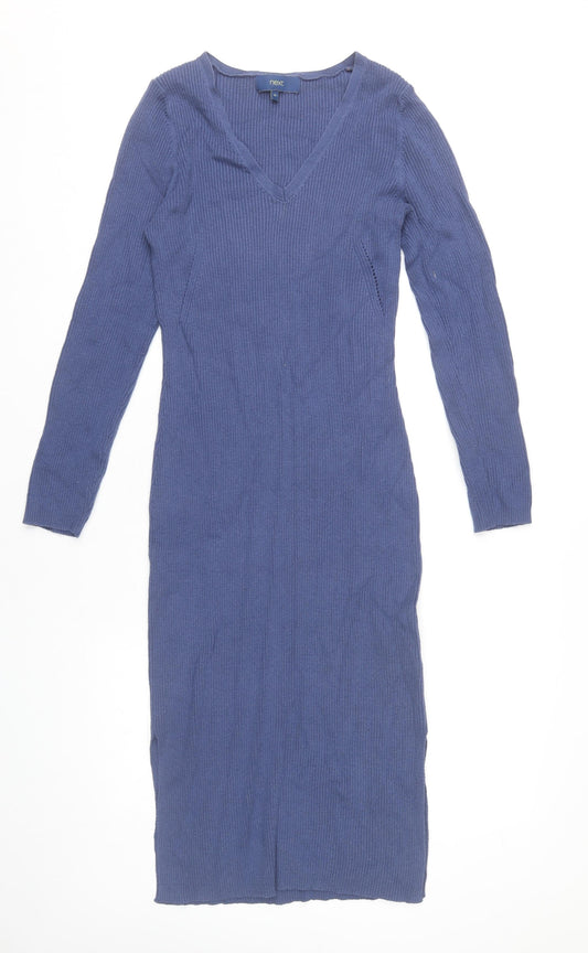 Next Women’s Blue Bodycon Knit Midi Dress Size 10 Long Sleeve V-Neck