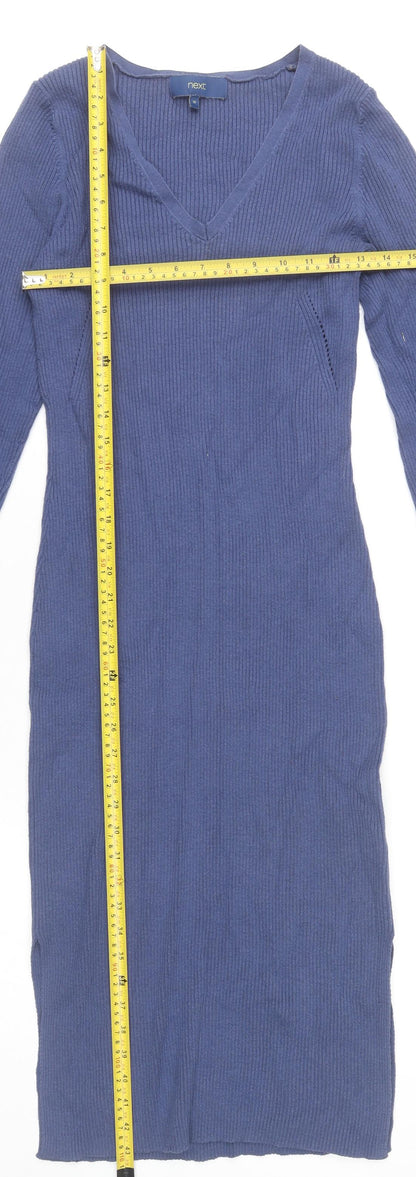 Next Women’s Blue Bodycon Knit Midi Dress Size 10 Long Sleeve V-Neck