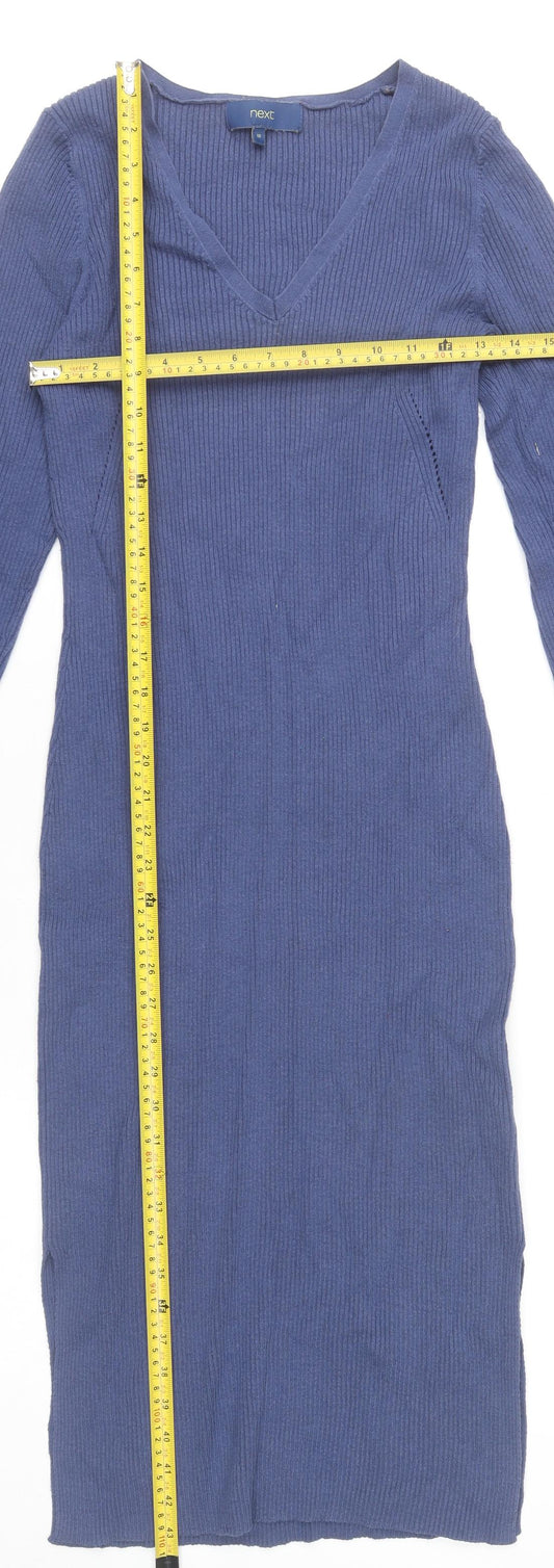 Next Women’s Blue Bodycon Knit Midi Dress Size 10 Long Sleeve V-Neck