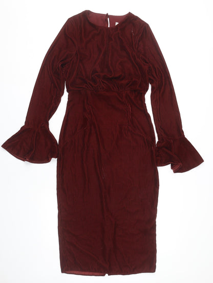 ASOS Women’s Red Velvet Midi Sheath Dress Size 6 Long Bell Sleeves