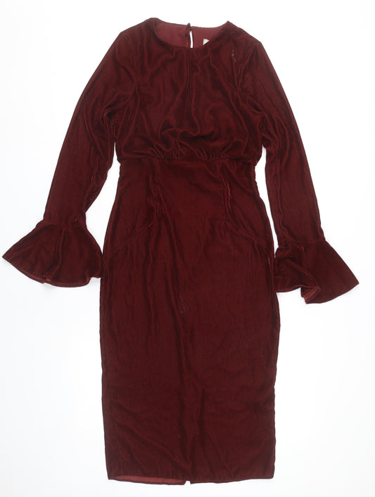 ASOS Women’s Red Velvet Midi Sheath Dress Size 6 Long Bell Sleeves