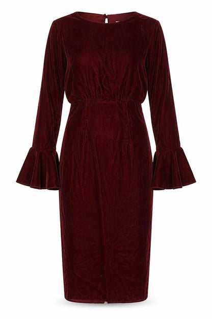 ASOS Women’s Red Velvet Midi Sheath Dress Size 6 Long Bell Sleeves