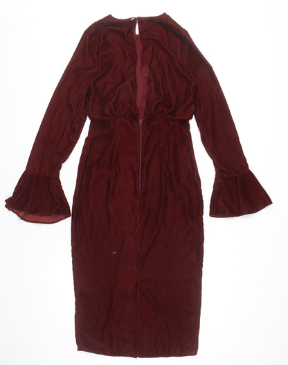 ASOS Women’s Red Velvet Midi Sheath Dress Size 6 Long Bell Sleeves