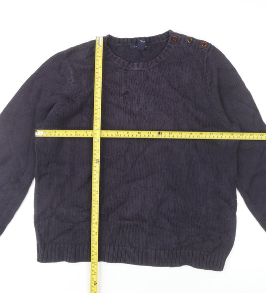 Lands' End Women's Blue Cotton Crew Neck Button Pullover Jumper L