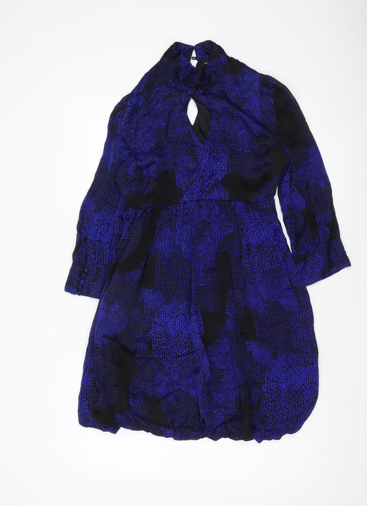 Warehouse Women’s Blue Silk Keyhole Neck Bubble Hem Dress UK 10