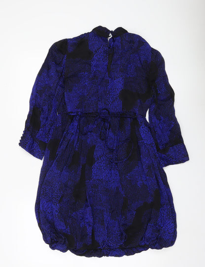 Warehouse Women’s Blue Silk Keyhole Neck Bubble Hem Dress UK 10