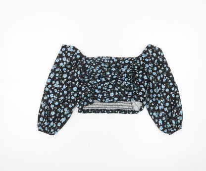 Boohoo Women’s Black Floral Cropped Blouse UK 6 Puff Sleeve