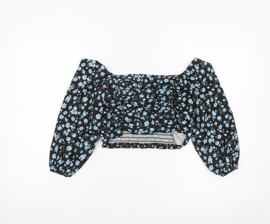 Boohoo Women’s Black Floral Cropped Blouse UK 6 Puff Sleeve