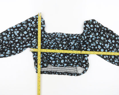 Boohoo Women’s Black Floral Cropped Blouse UK 6 Puff Sleeve