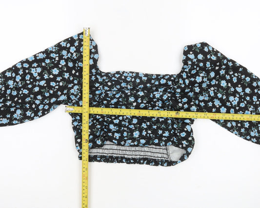 Boohoo Women’s Black Floral Cropped Blouse UK 6 Puff Sleeve