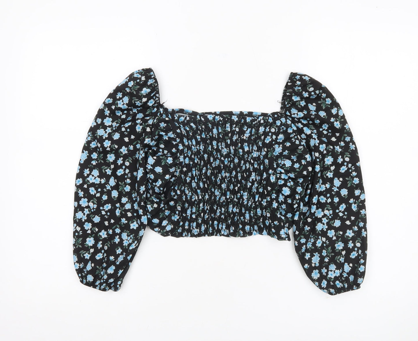Boohoo Women’s Black Floral Cropped Blouse UK 6 Puff Sleeve
