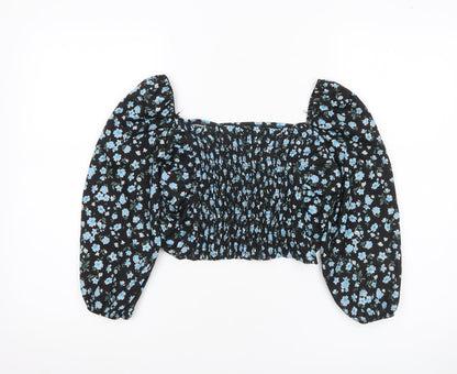 Boohoo Women’s Black Floral Cropped Blouse UK 6 Puff Sleeve