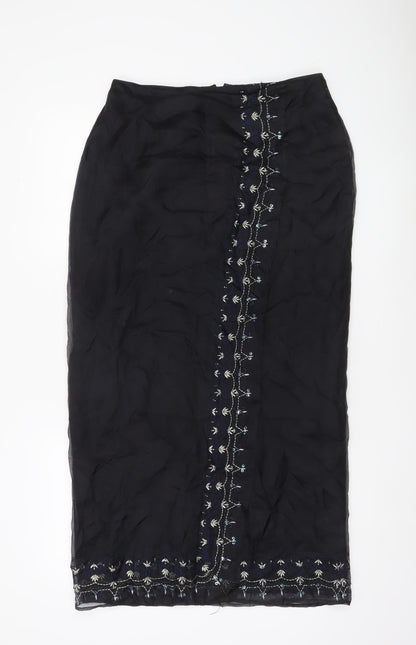 Debenhams Womens Black Silk Embroidered Midi Skirt Size 12