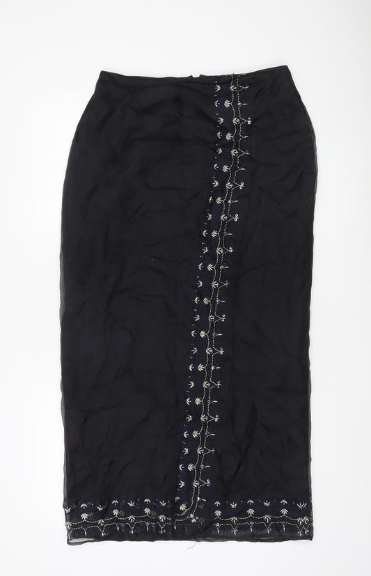 Debenhams Womens Black Silk Embroidered Midi Skirt Size 12
