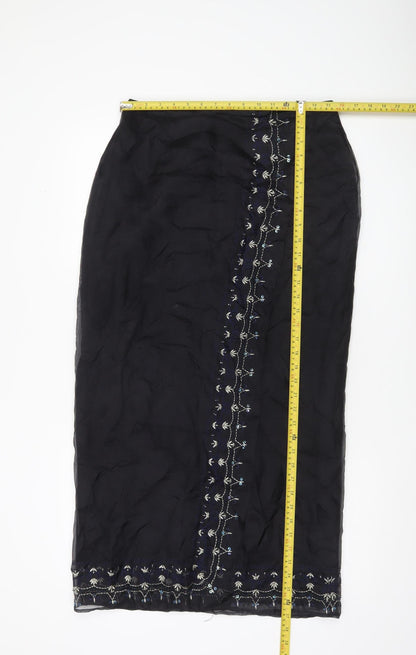 Debenhams Womens Black Silk Embroidered Midi Skirt Size 12