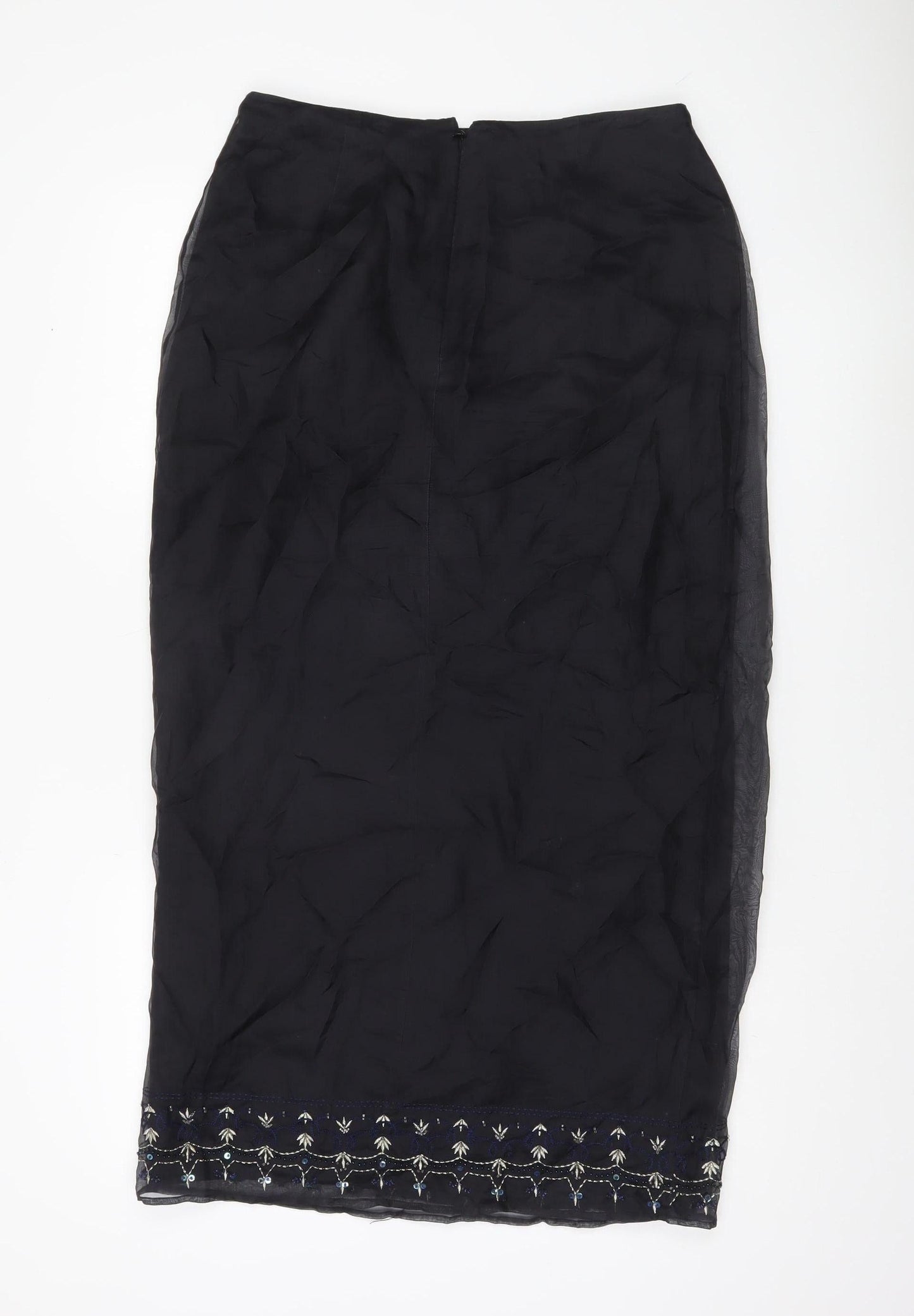 Debenhams Womens Black Silk Embroidered Midi Skirt Size 12