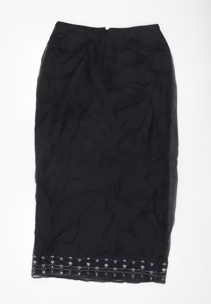 Debenhams Womens Black Silk Embroidered Midi Skirt Size 12