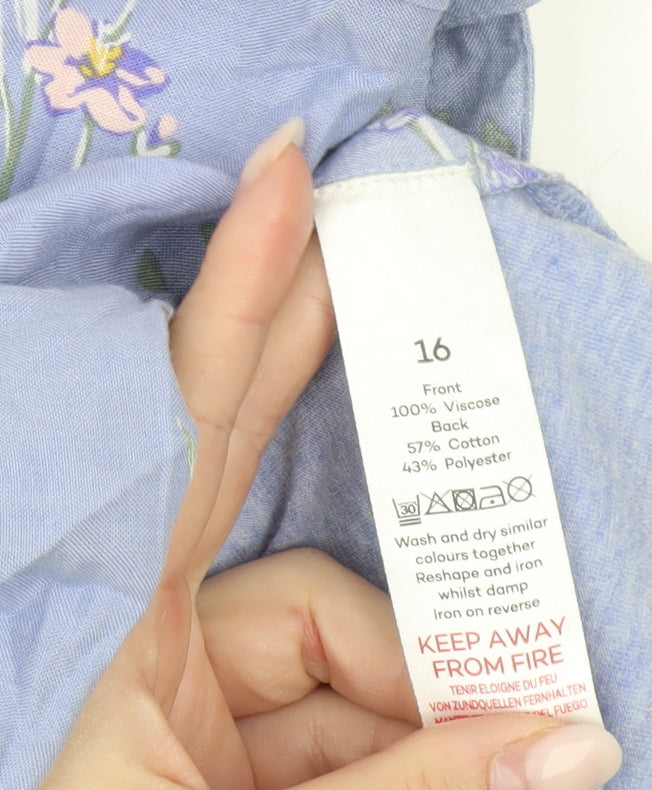 Bonmarché Womens Blue Floral Button-Up Tunic Shirt Size 16