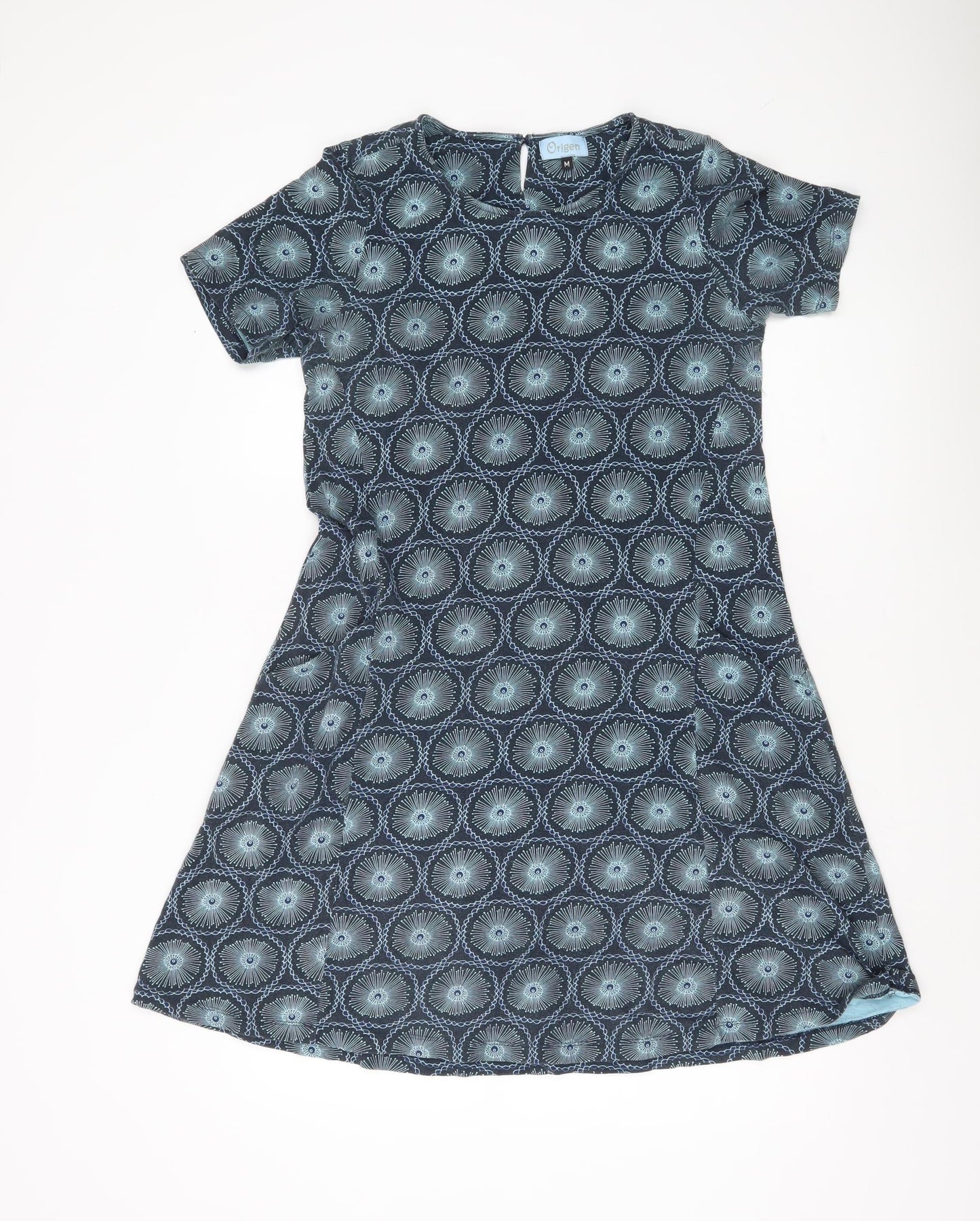 Origen Women Blue Geometric A-Line Dress Size M Short Sleeve
