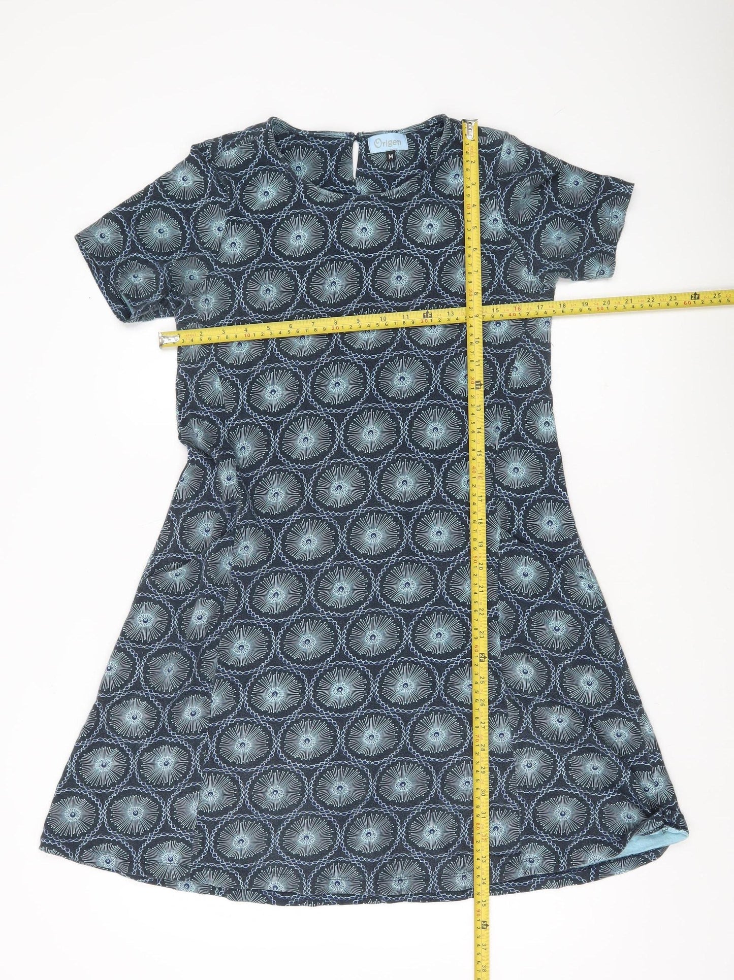Origen Women Blue Geometric A-Line Dress Size M Short Sleeve