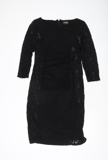 Phase Eight Women’s Black Lace Sheath Dress Size 14 Ruched 3/4 Sleeve