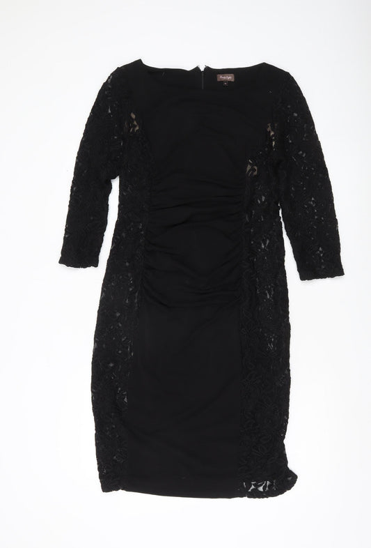 Phase Eight Women’s Black Lace Sheath Dress Size 14 Ruched 3/4 Sleeve
