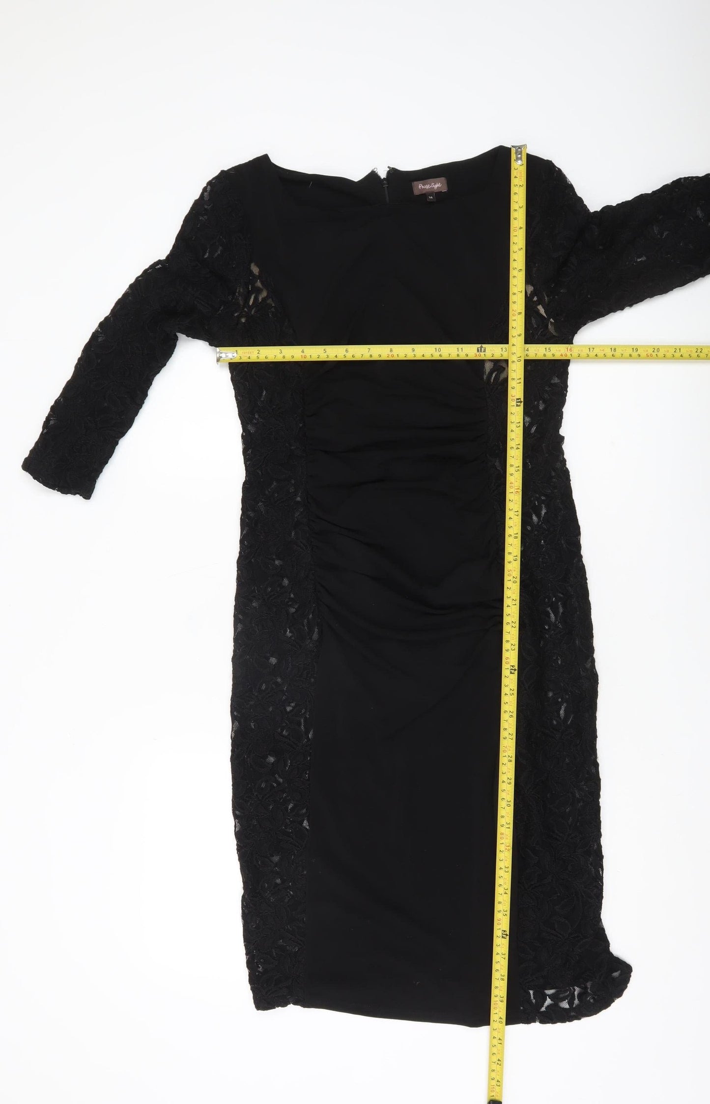Phase Eight Women’s Black Lace Sheath Dress Size 14 Ruched 3/4 Sleeve