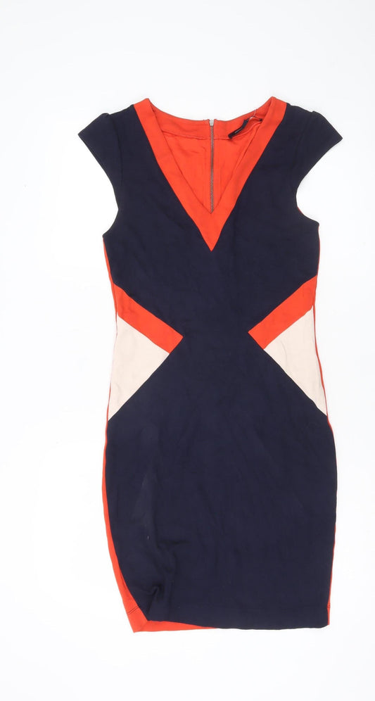 French Connection Women’s Size 12 Navy Red Beige Colourblock Bodycon Dress