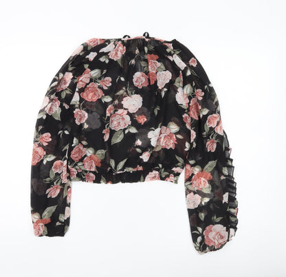H&M Women’s Multicoloured Floral Chiffon Cropped Blouse Size 8