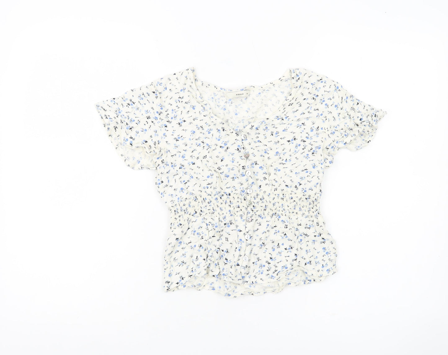 Pigalle Womens White Floral Smocked Tunic Blouse Size 6
