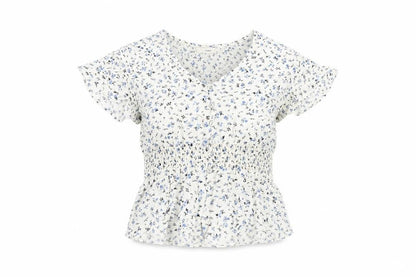 Pigalle Womens White Floral Smocked Tunic Blouse Size 6