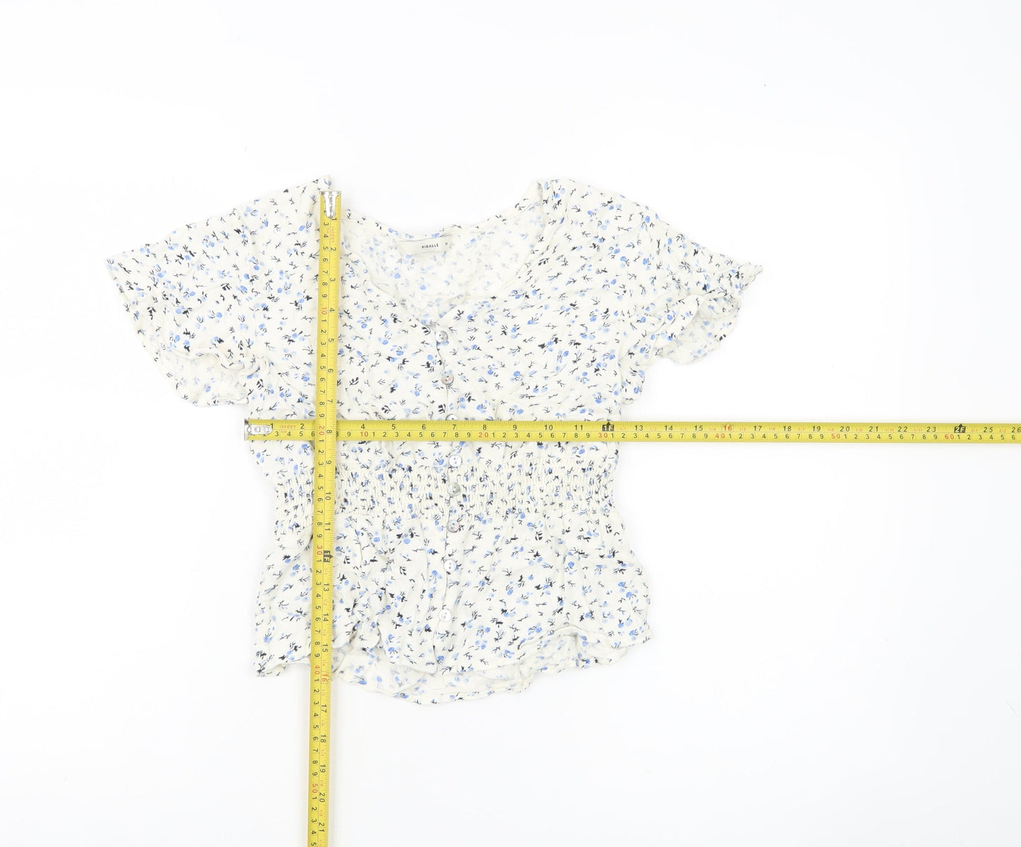 Pigalle Womens White Floral Smocked Tunic Blouse Size 6