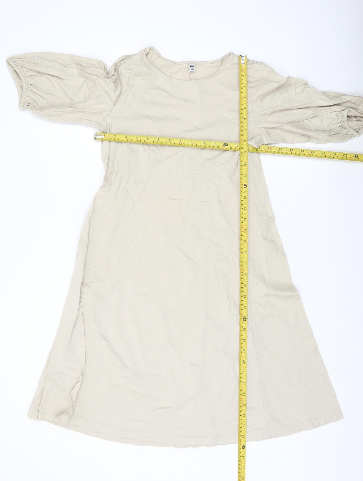 Uniqlo Women Beige A-Line Knee Length Dress S Puff Sleeve