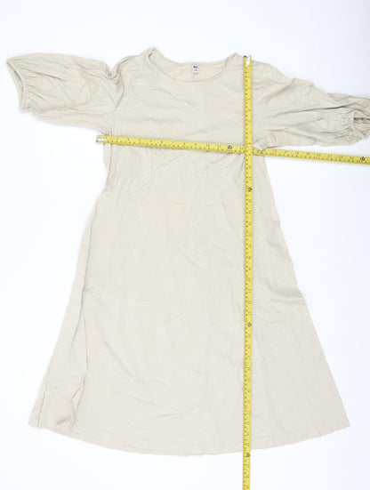 Uniqlo Women Beige A-Line Knee Length Dress S Puff Sleeve