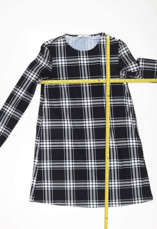 Mango Women Black Check Shift Dress Size 10 Long Sleeve