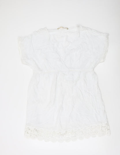 Mantaray Women White L Cotton Crochet Short Shift Dress
