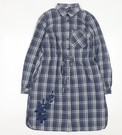 Raxlan Womens Blue Check Shirt Dress Size 8 Embroidered Long Sleeve