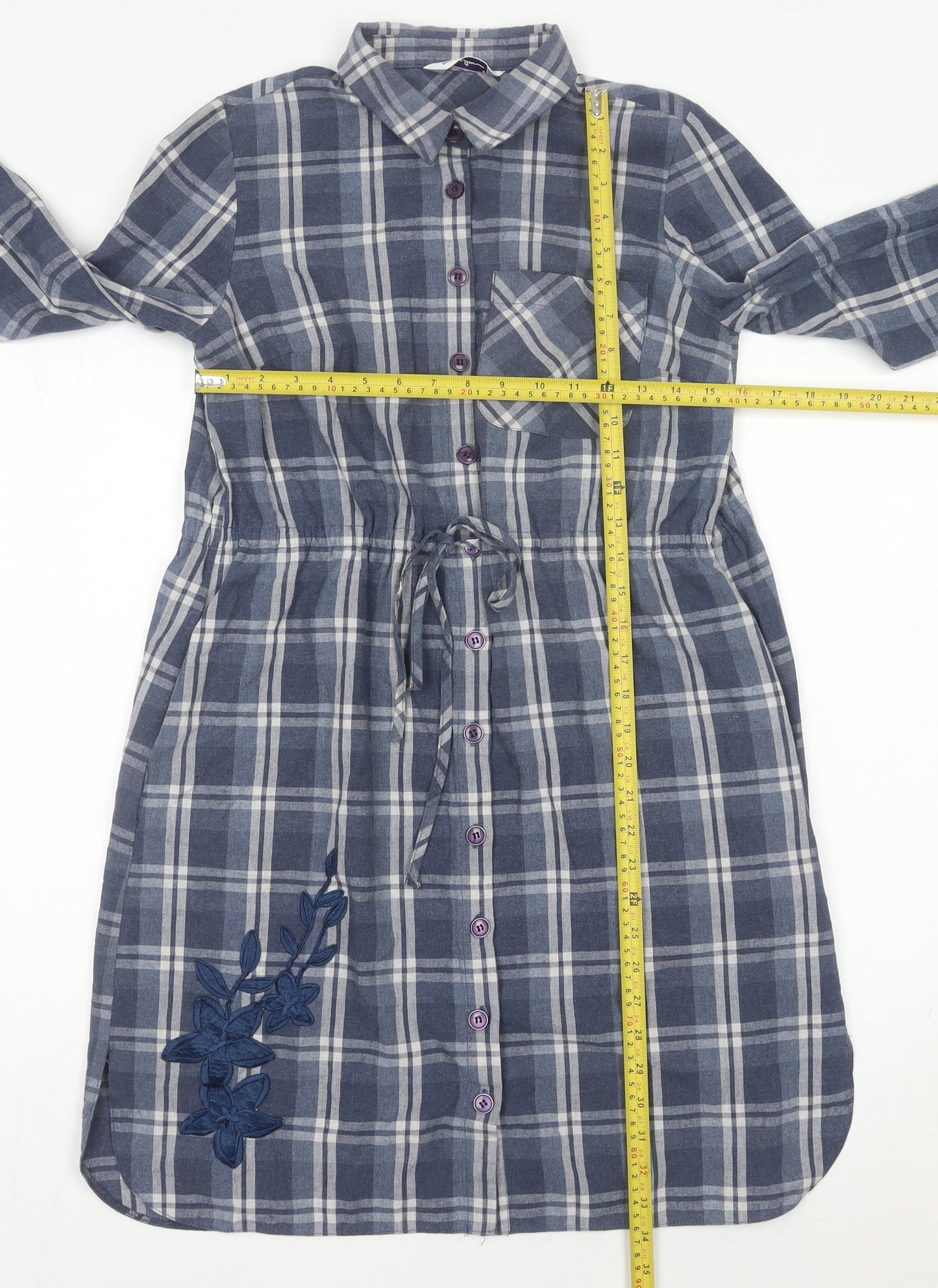 Raxlan Womens Blue Check Shirt Dress Size 8 Embroidered Long Sleeve