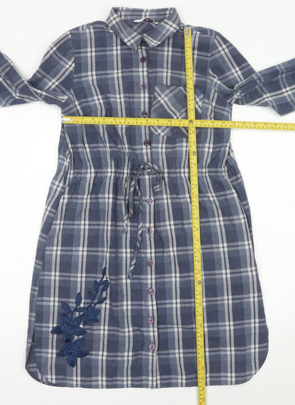Raxlan Womens Blue Check Shirt Dress Size 8 Embroidered Long Sleeve