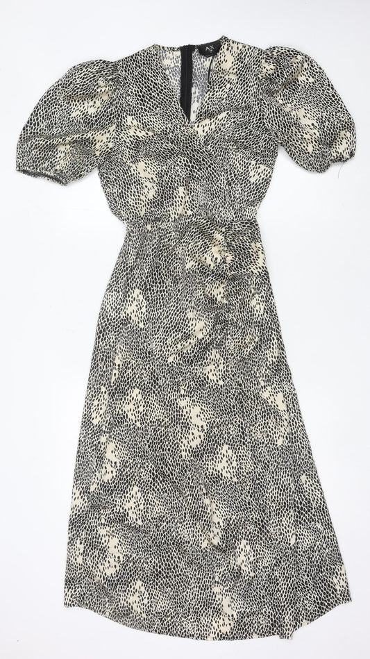 AX Paris Womens Black Beige Animal Print Midi Wrap Dress S