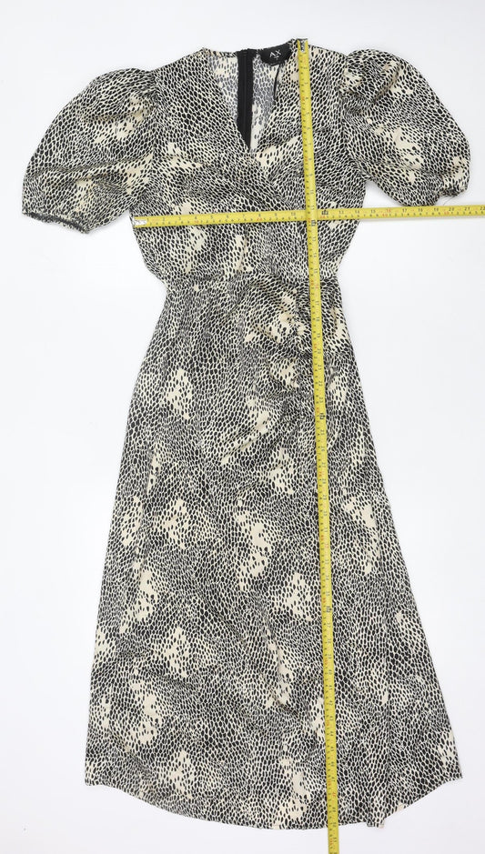 AX Paris Womens Black Beige Animal Print Midi Wrap Dress S