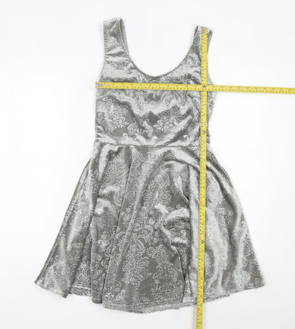 Club L Women Grey Skater Dress Size 10 Sleeveless Velvet Partywear