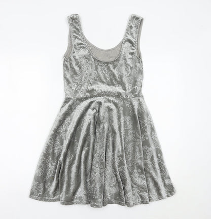 Club L Women Grey Skater Dress Size 10 Sleeveless Velvet Partywear