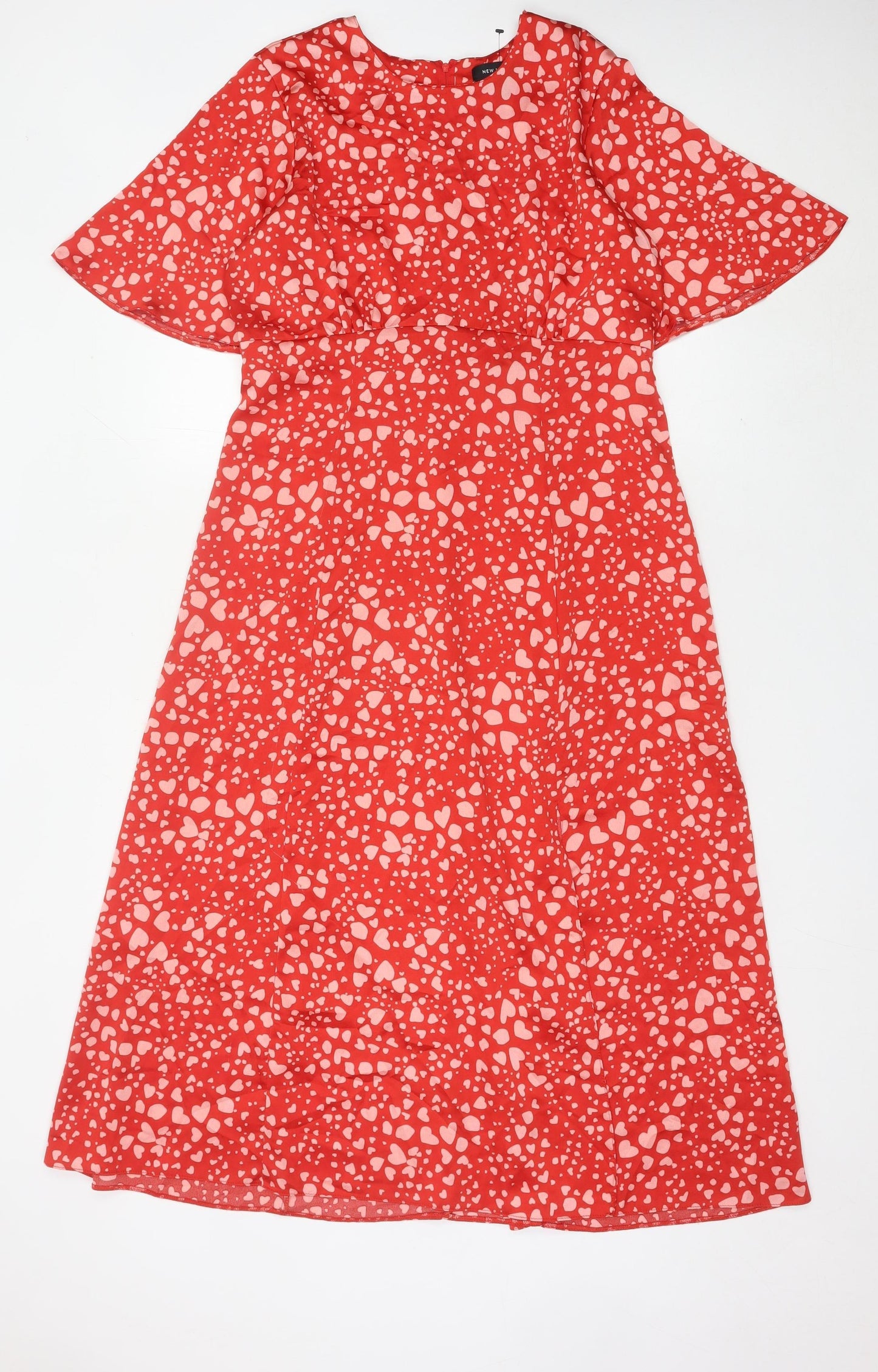 New Look Women’s Red Heart Print Midi A-Line Dress Size 14