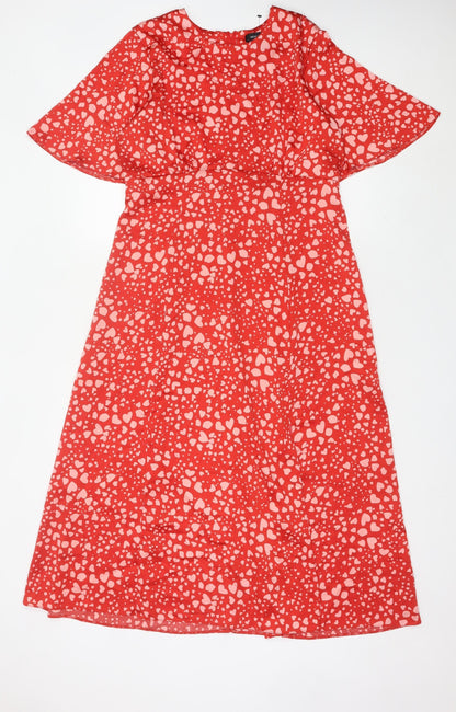 New Look Women’s Red Heart Print Midi A-Line Dress Size 14