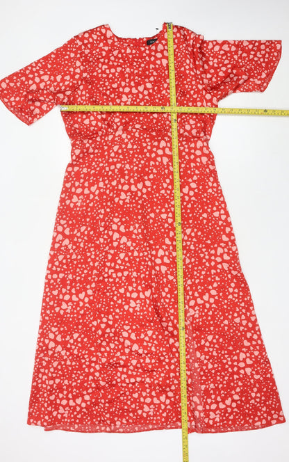 New Look Women’s Red Heart Print Midi A-Line Dress Size 14
