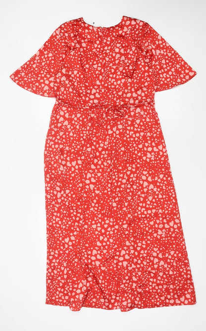 New Look Women’s Red Heart Print Midi A-Line Dress Size 14
