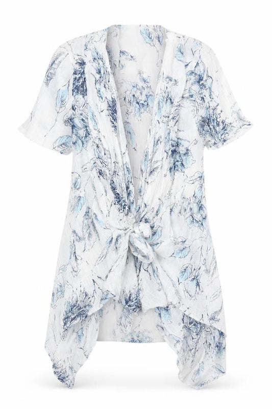 Front view of Roman Women’s White Blue Floral Kimono Blouse, size UK 10