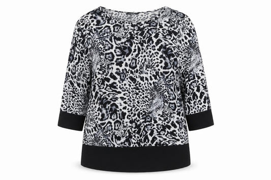 Front view of Roman Women’s Black Animal Print Tunic Blouse, size UK 12, 3/4 Sleeve