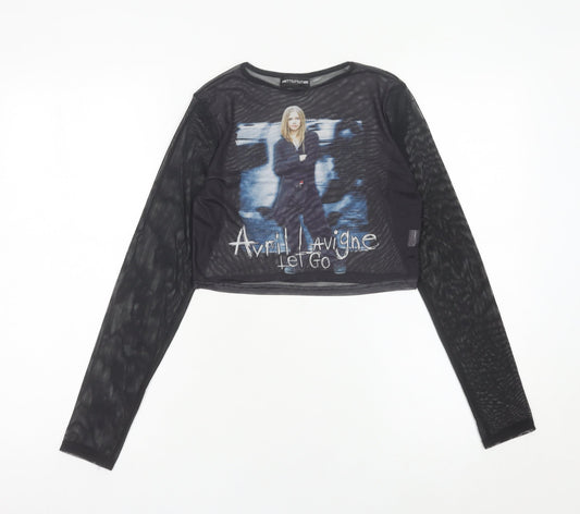 PrettyLittleThing Womens Black Mesh Cropped Long Sleeve Music Top Size 8